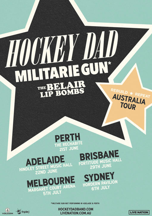 Tour poster for Hockey Dad, Militarie Gun and The Belair Lip Bombs featuring a black star on turquoise background with Australian dates.