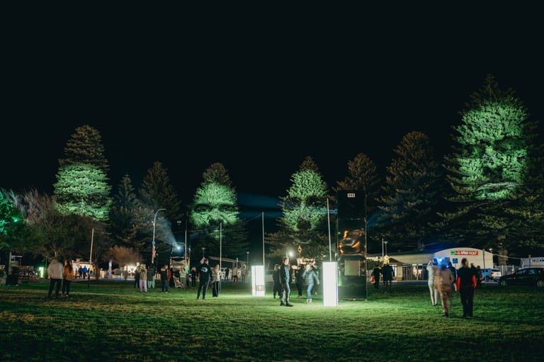Outdoor evening gathering with groups of people on an illuminated lawn beneath uplighting green trees.