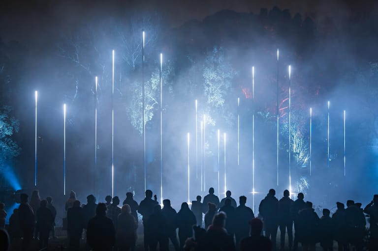 Silhouetted crowd faces an immersive installation of vertical white light beams creating an atmospheric, otherworldly scene.