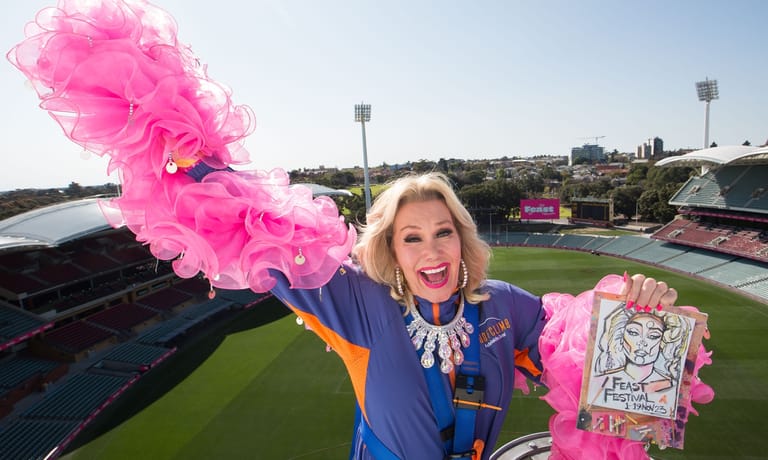 Woman in blue blazer holding pink feather boa and merchandise at football stadium.