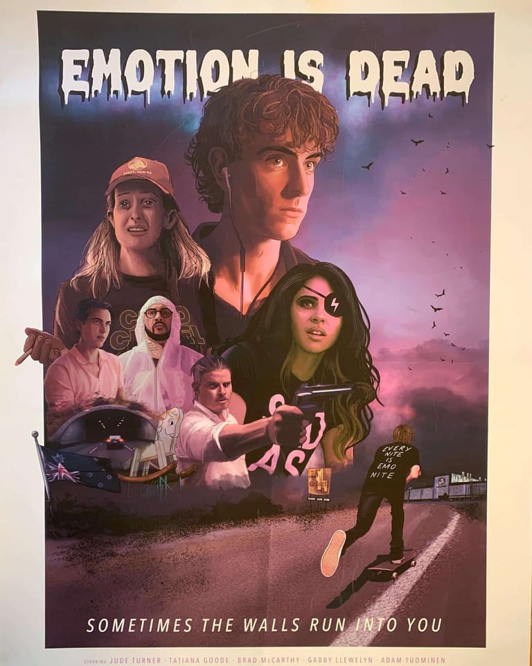 Movie poster for "Emotion is Dead" featuring multiple figures against a purple twilight sky with birds and tagline "Sometimes the walls run into you.