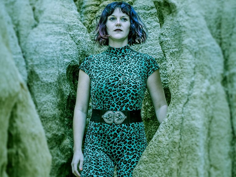 Person in green leopard-print outfit standing against textured concrete wall, looking directly at camera.