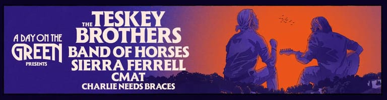 The Teskey Brothers silhouetted against an orange sky on a concert poster advertising a band performance.