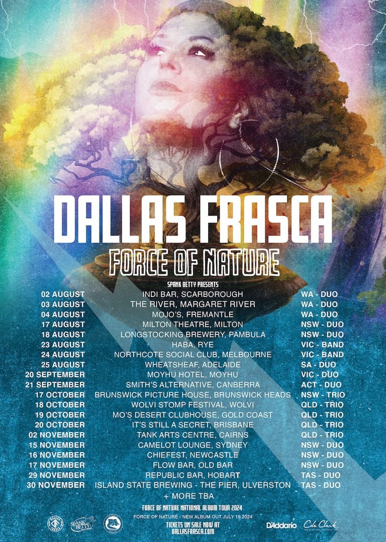 Promotional poster for Dallas Fraser's Force of Nature tour featuring a portrait of the artist surrounded by rainbow-coloured clouds and a tour date schedule.