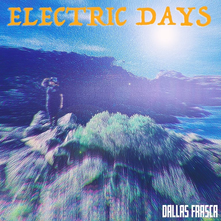 Abstract digital landscape in blues and purples with "Electric Days" title and Dallas Fraser artist name overlaid.