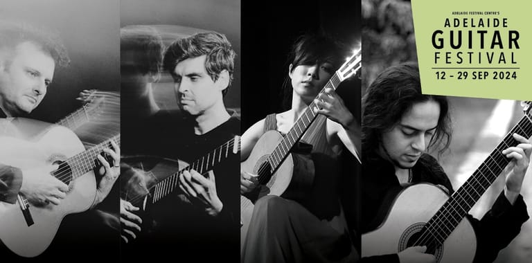 Four classical guitarists in black and white portraits, with Adelaide Guitar Festival 12–29 September 2024 branding.