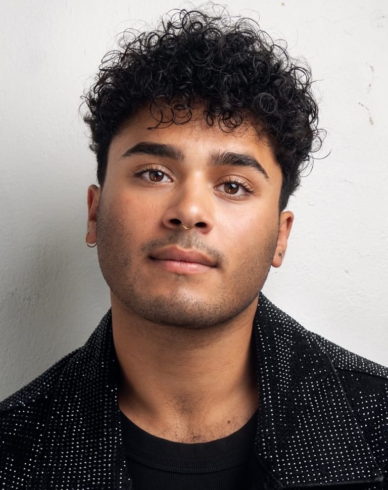 Person with curly black hair wearing a sparkly black jacket over a black shirt, against a plain white background.