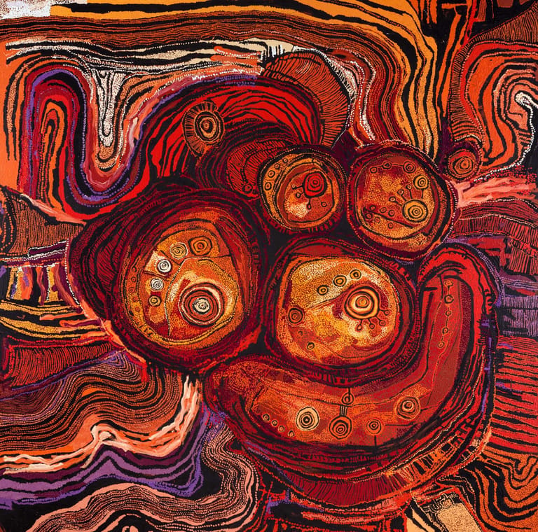 Vibrant abstract artwork featuring swirling patterns in warm orange, red, and purple tones with circular motifs.