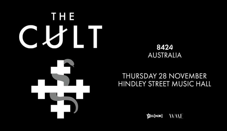 White geometric cross logo and event details for The Cult concert on black background.