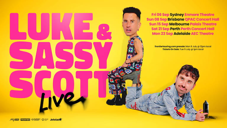 Two performers pose playfully against a bright yellow background for the Luke & Sassy Scott Live tour promotional image.
