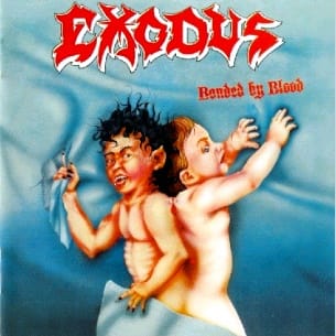 Two shirtless figures against a blue background with red "Exodus" text and "Banned by Blood" subtitle on album cover.