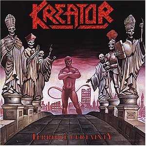 Kreator album cover featuring skeletal robed figures flanking a central red demon figure above a dystopian cityscape.
