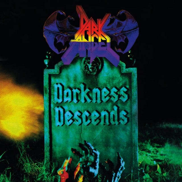 The Darkness Descends album cover features a glowing green tombstone with red and blue demonic imagery above it against a dark background.