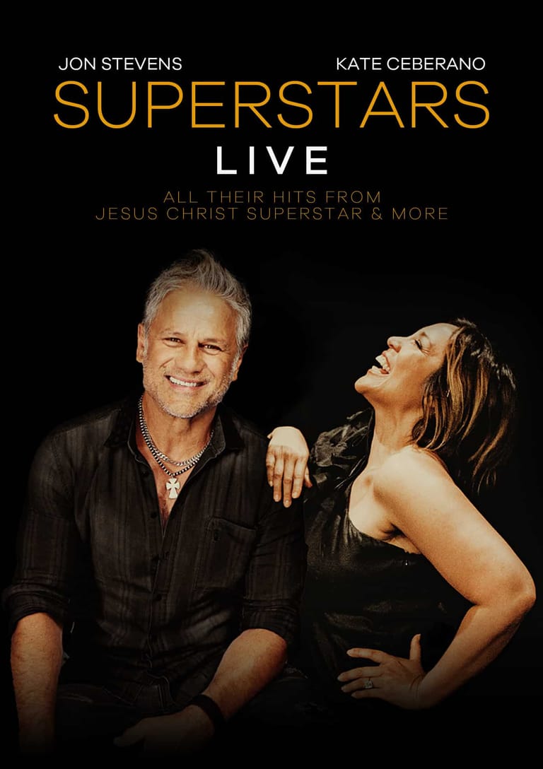 Two performers pose together against a black background for a live theatre production promotional poster.