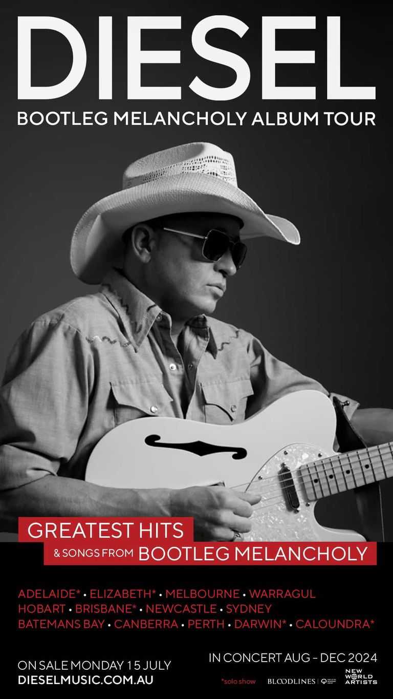 Musician wearing sunglasses and white cowboy hat holding acoustic guitar against black background, tour promotional poster.