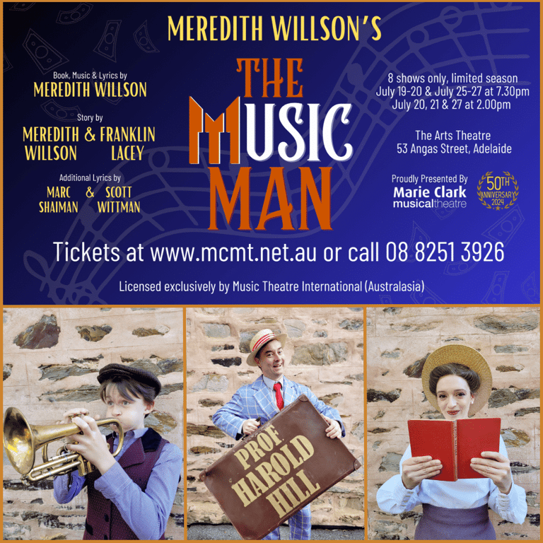 Three performers in period costume pose on a sandy beach holding props including a musical instrument, wooden sign and open book for The Music Man theatrical production.