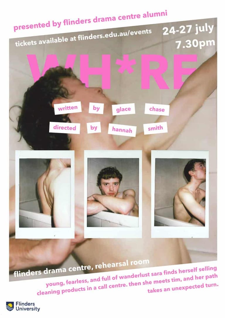 Person with dark hair crouched among polaroid-style photographs and pink text for a drama production poster.