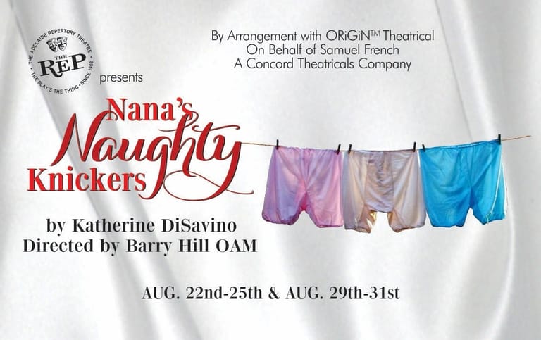 Clothesline hung with colourful underwear against white background for theatrical production poster "Nana's Naughty Knickers".