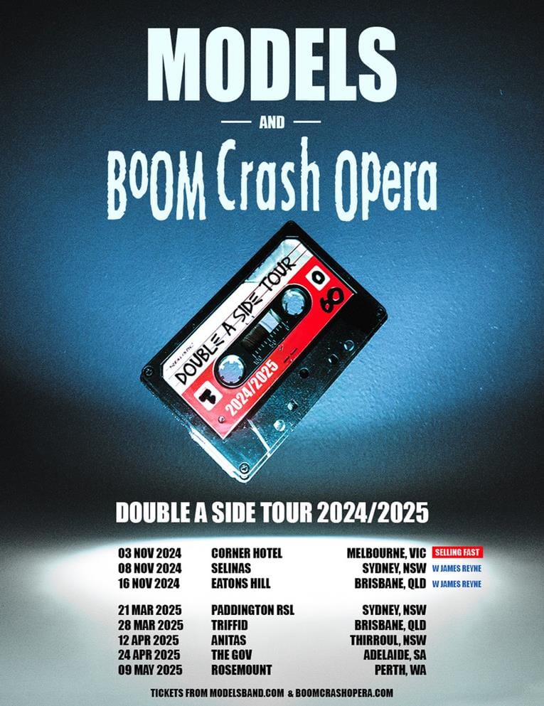 A red and black cassette tape tilts against a blue gradient background, with tour dates listed below for Models and Boom Crash Opera's 2024/2025 Double A Side Tour.