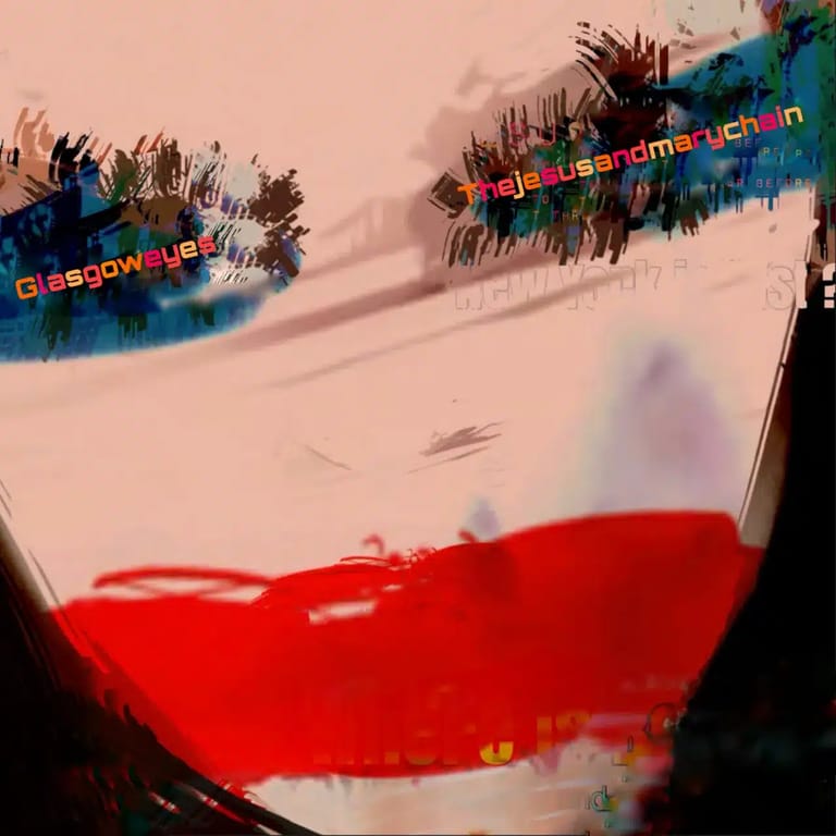 Abstract digital artwork featuring red and blue brushstroke elements with overlaid glitch text on a neutral background.