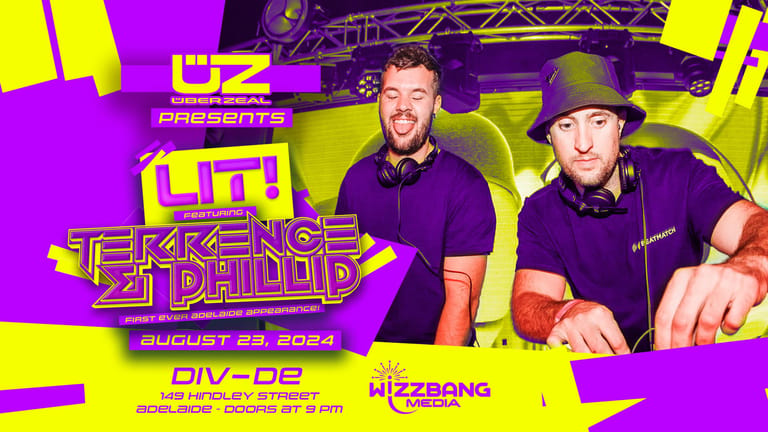 Two DJs in purple shirts perform at a neon-lit electronic music event with yellow and magenta branding.