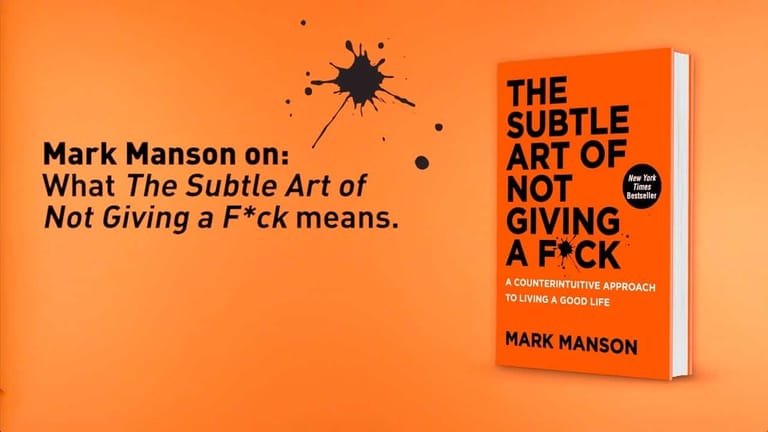 Mark Manson's book "The Subtle Art of Not Giving a F*ck" displayed against a bright orange background with text overlay.