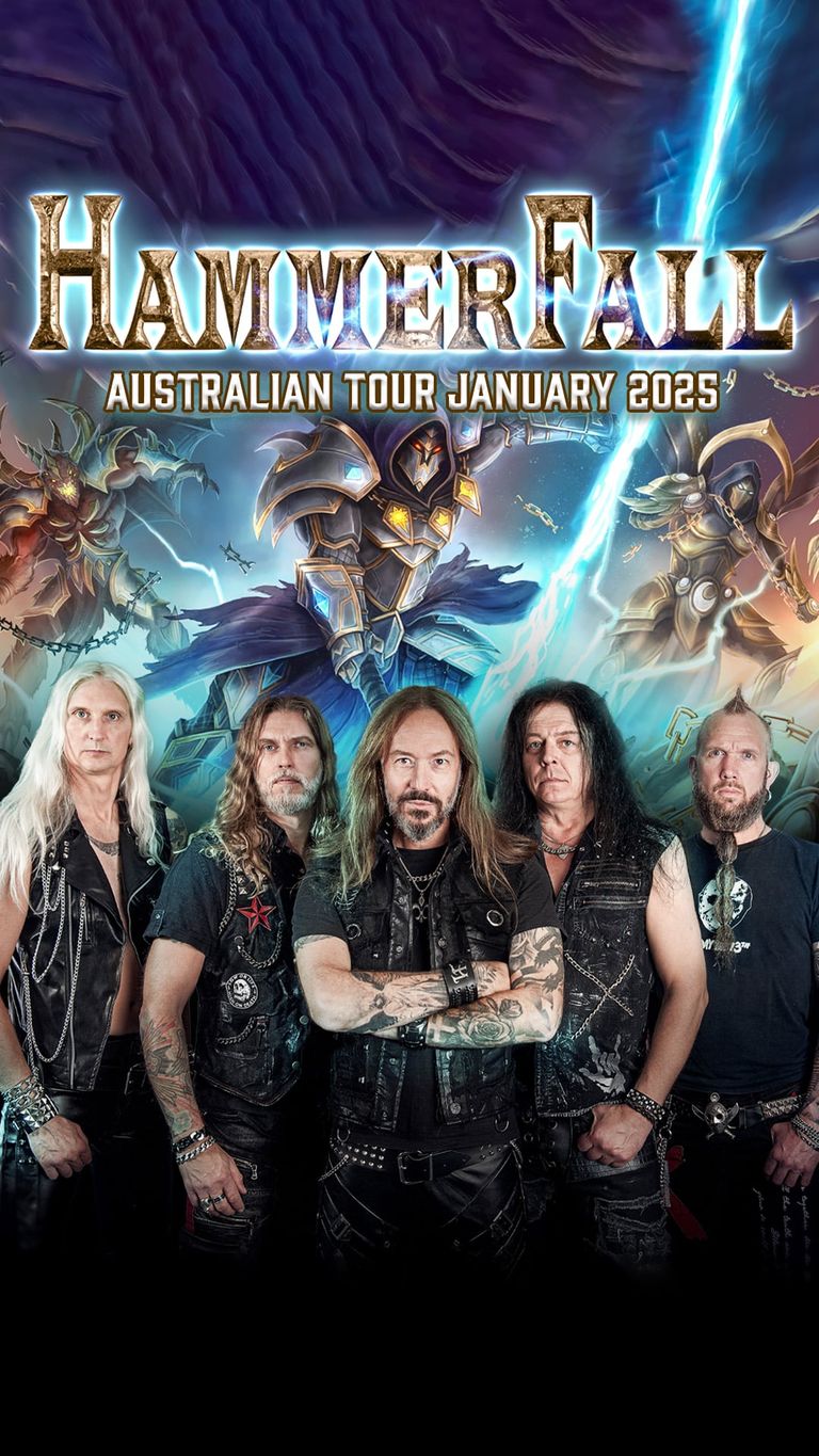 Hammerfall band members in black metal attire posed below fantasy artwork promoting their Australian tour in January 2025.