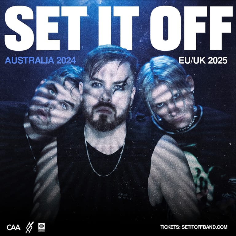 Three band members with dramatic blue lighting and striped shadow effects on their faces against a dark background.