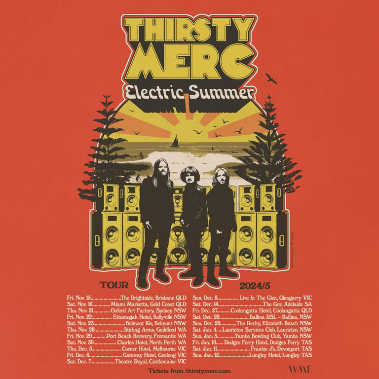 Thirsty Merc Electric Summer tour poster featuring three band members silhouetted against yellow amplifiers and palm trees on red background.