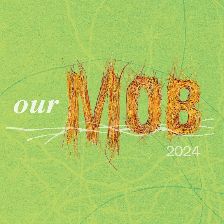 Stylised graphic with "our MOB 2024" in textured golden lettering on bright green background with organic line patterns.