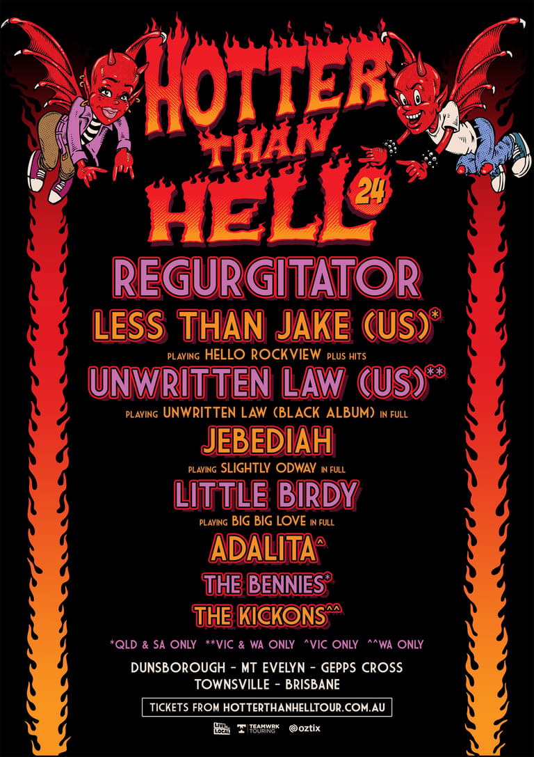 Hotter Than Hell festival poster featuring red devil illustrations, flaming text, and lineup of bands in orange and pink lettering.