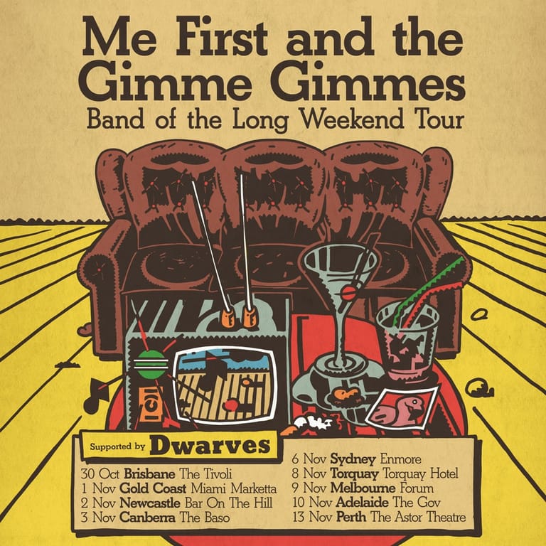 Vintage tour poster for Me First and the Gimme Gimmes featuring a red velvet couch, cocktails, and yellow perspective lines.