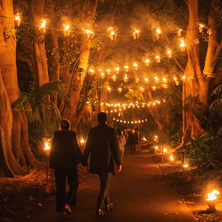 Two people walk through a tree-lined path illuminated by warm golden string lights at night.