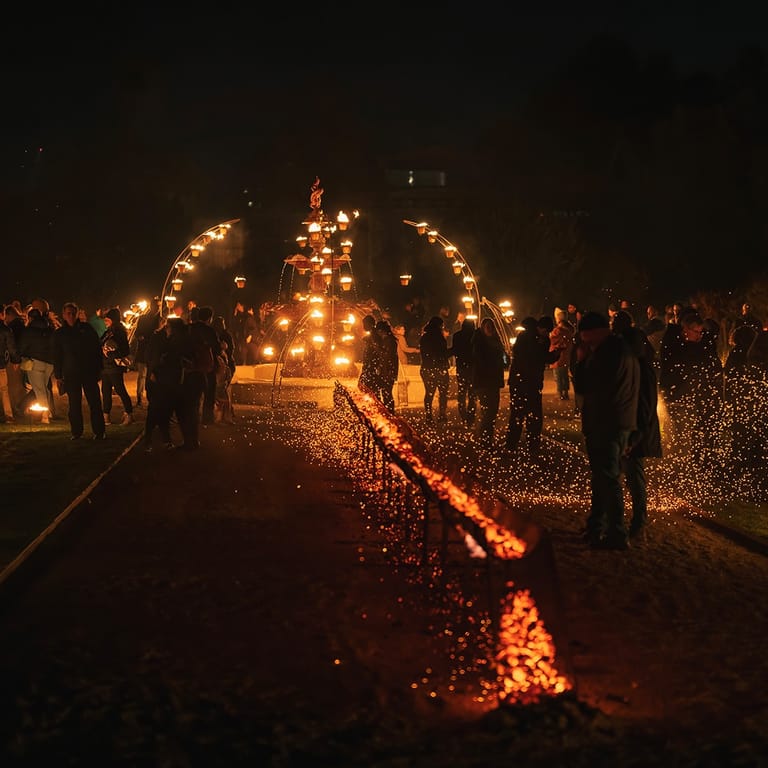 Crowd gathered around glowing fire installations and lights in a dark outdoor space at night.