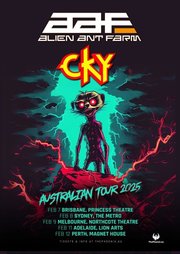 Alien Ant Farm and CKY tour poster featuring a glowing skeletal figure surrounded by electric cyan and red lightning effects against a dark background.