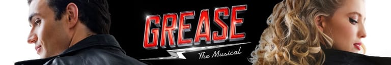 Two performers flank the red "Grease The Musical" logo against a dark background.