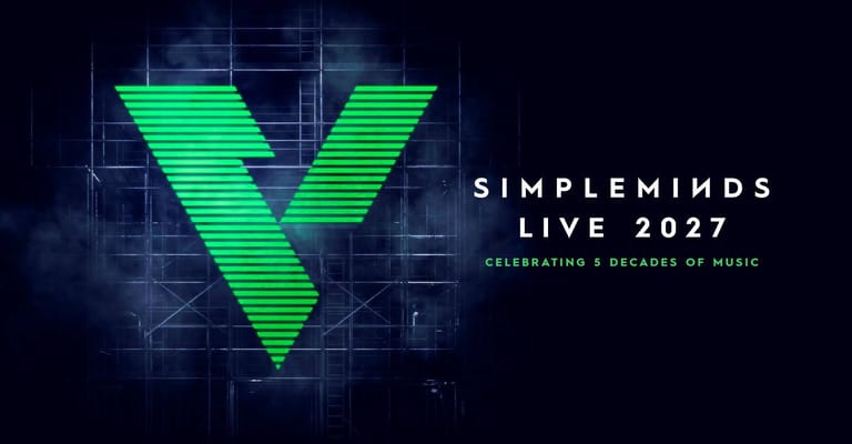 Large glowing green V logo with "Simpleminds Live 2027" text on dark digital background.