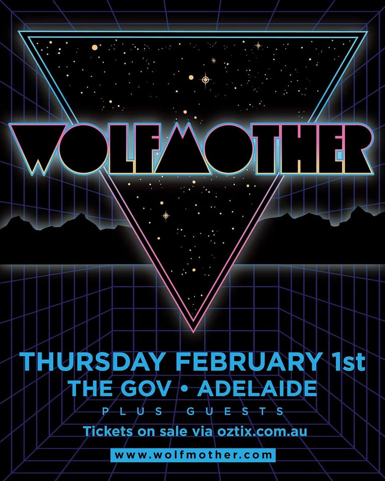 Neon-outlined Wolfmother logo centred within a geometric triangle against a starfield and grid background, with event details below in cyan text.