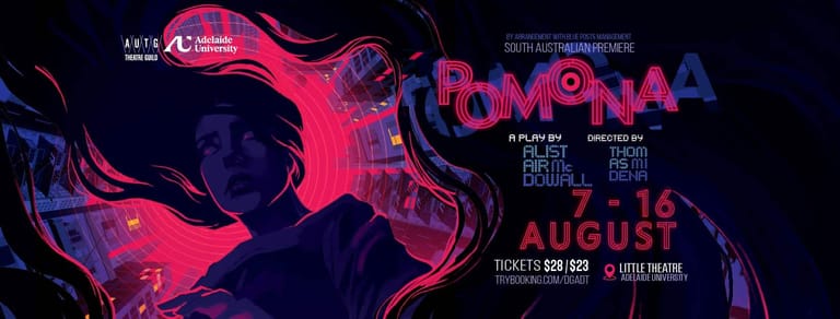 Neon pink and purple abstract liquid forms with event text overlay on dark background.