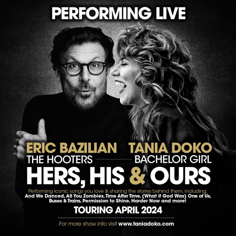 Two performers face the camera in black and white profile against dark background, promotional poster text overlaid.