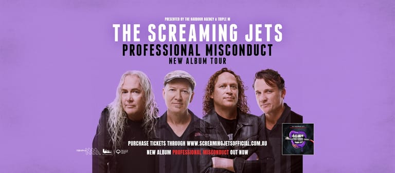 Four band members stand against a purple background for The Screaming Jets' Professional Misconduct tour promotional poster.