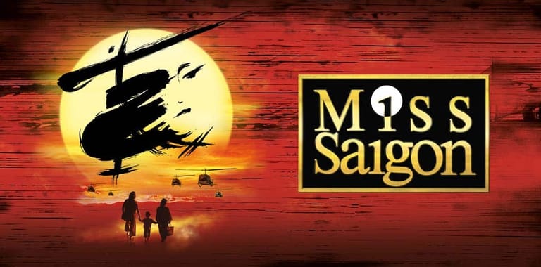 Military helicopter silhouette against a glowing moon with figures below and Miss Saigon title text.