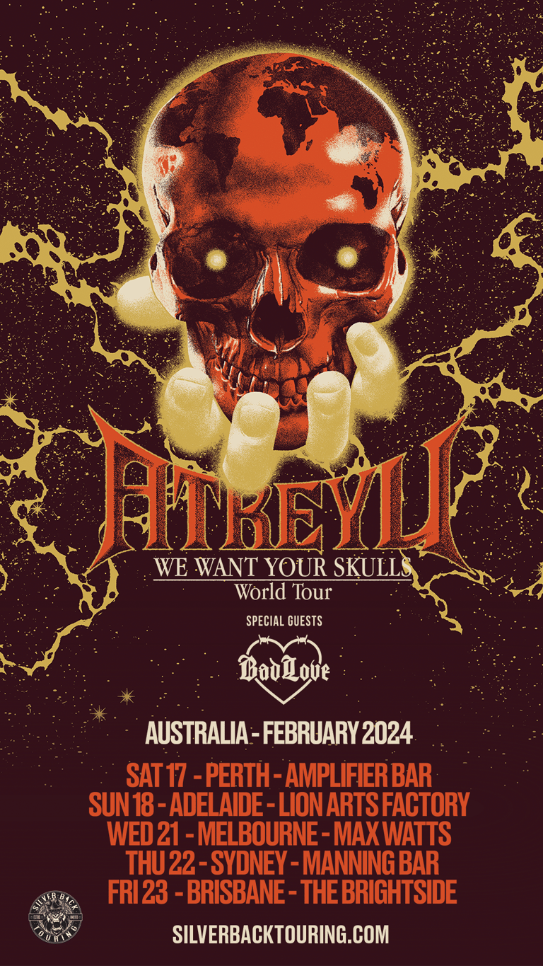 Skull with illuminated globe inside head surrounded by lightning bolts on dark starry background for Atreyu's "We Want Your Skulls" World Tour.