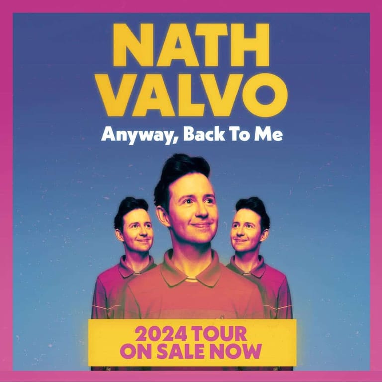 Nath Valvo promotional poster featuring three figures against a gradient blue and pink background with "Anyway, Back To Me" tour information.