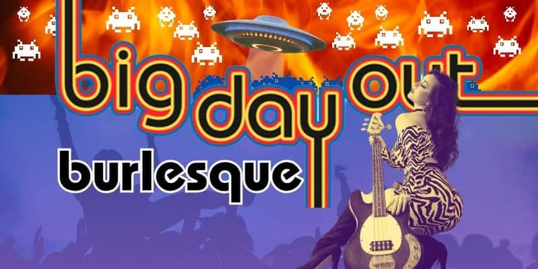 Stylised promotional graphic for Big Day Out Burlesque featuring a performer in purple silhouette holding a guitar against an orange and blue background.