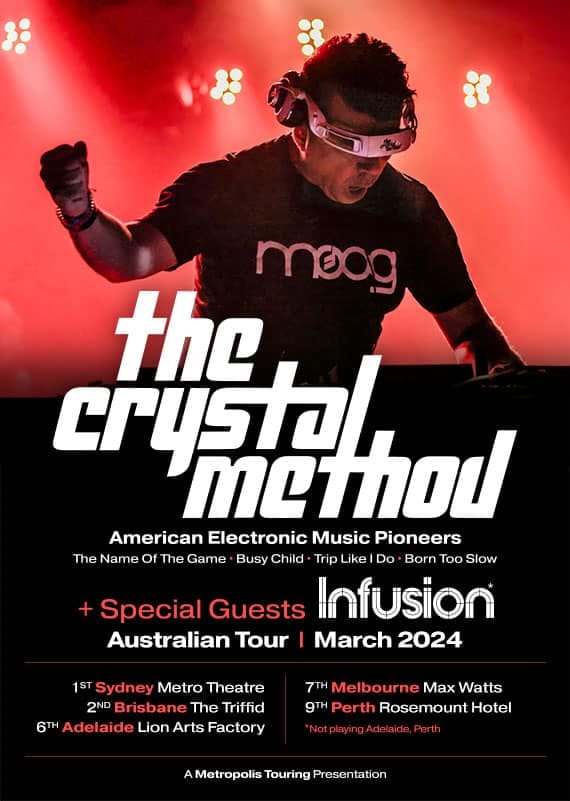 DJ wearing Moog t-shirt and headphones performs at red-lit electronic music event for The Crystal Method Australian tour.