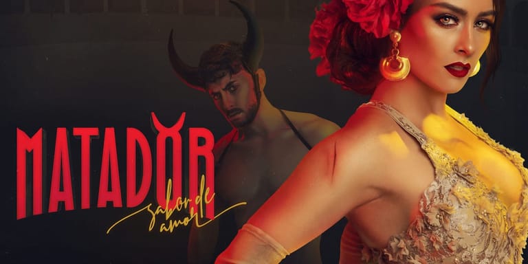 Woman in gold sequined dress and red headpiece poses beside matador imagery and bold red typography.