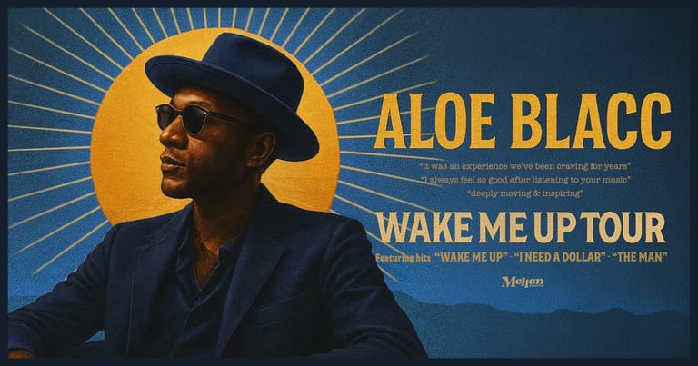 Performer in a cowboy hat silhouetted against a golden sunburst, promoting the Wake Me Up Tour.