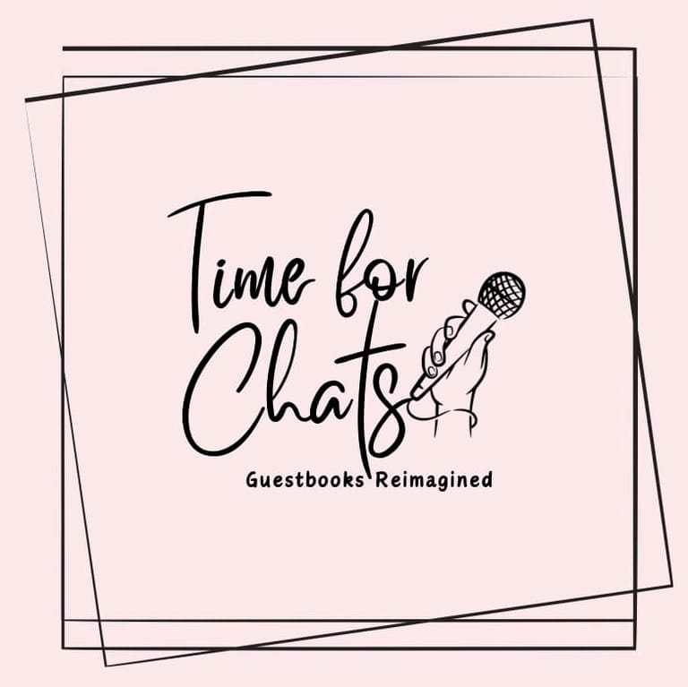 Hand-drawn logo for "Time for Chats: Guestbooks Reimagined" featuring a microphone illustration on pale pink background.