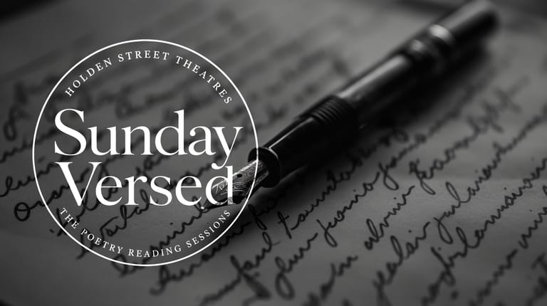 Handwritten manuscript page with a pen, overlaid with the Sunday Versed logo from Elder Street Theatre.